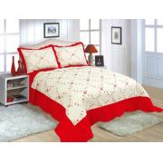 Full/Queen Quilt Set with Red/White Bordered Embroideries 