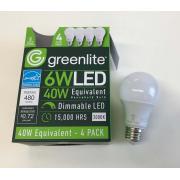 #44416, Greenlite 4PC 3000K 6W (=40W) LED Light Bulb 24PCS/CS