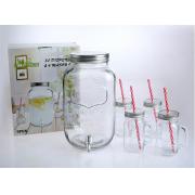 #8271, 8000/450ml Glass Juice Dispenser with + 4pcs Glass Mason Jar with Tin Lid 2SETS/CS